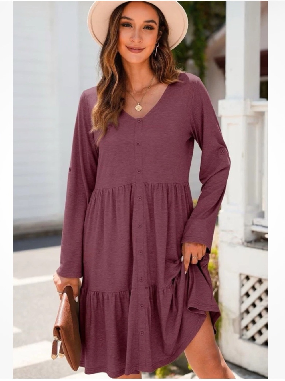 Long Sleeve Button-Front Tiered Dress in Plum